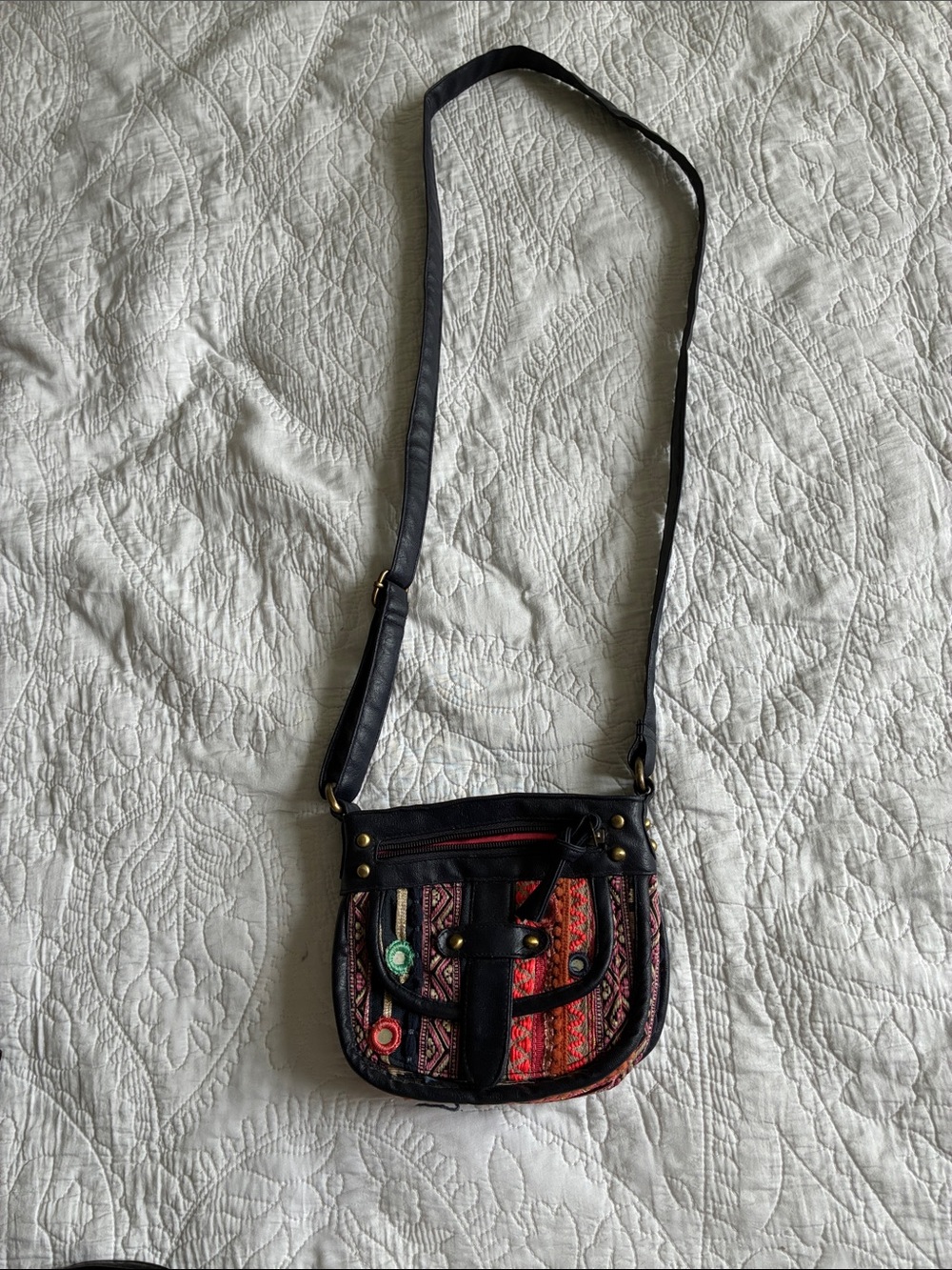 Cargo Black Crossbody Bag with Red Patterned Front